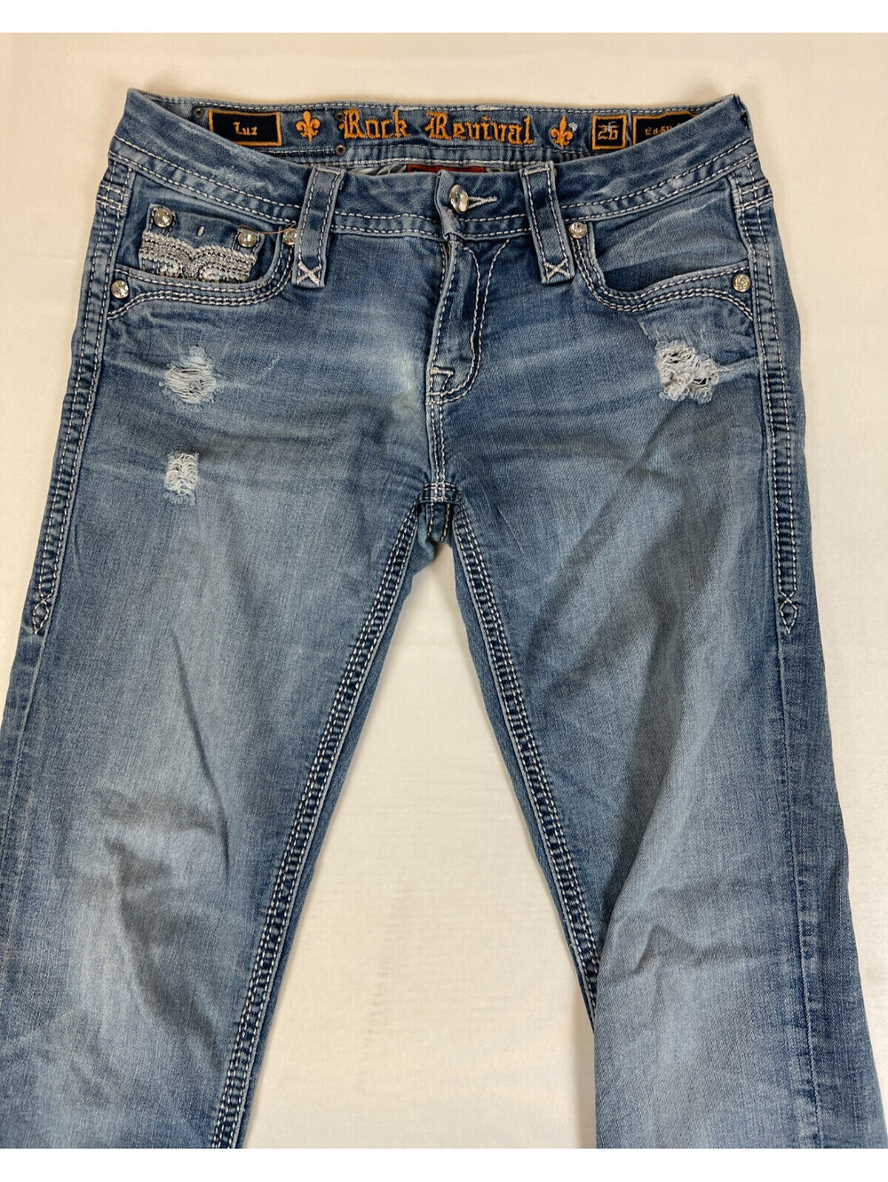 Rock Revival Women 26 Luz Easy Straight Jeans Blue Distressed Denim - Picture 7 of 16